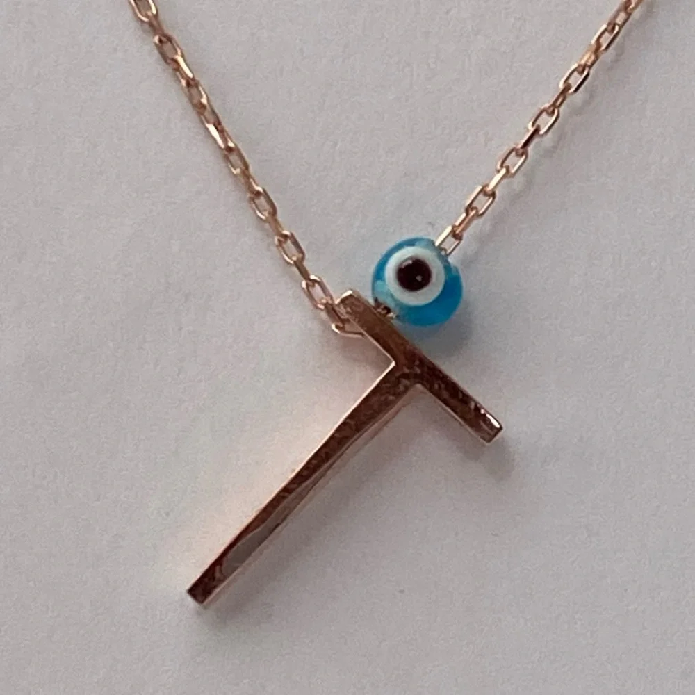 925 Silver letter T initial evil eye necklace